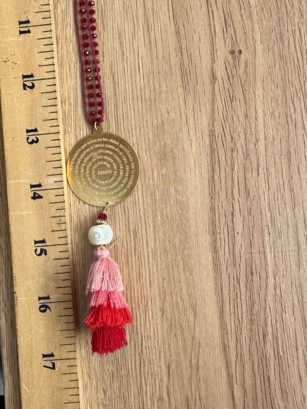 Padre Nuestro Prayer Tassel Pendant Necklace Adjustable Boho Burgundy
